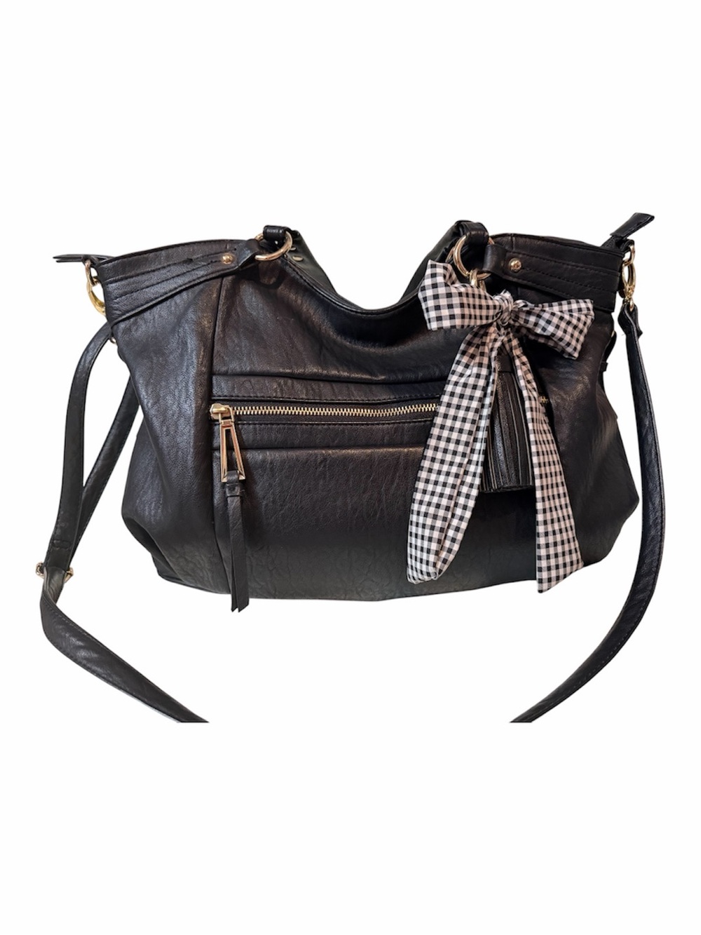 Black Leather Crossbody Hobo Bag with Gingham Bow
